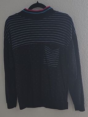 80s Gitano Women's Black, Hot Pink & Electric Blue Striped Long-Sleeve Pullover